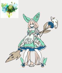 Rule 34 | 1girl, absurdly long hair, animal ears, blonde hair, dress, fake animal ears, flat color, frilled dress, frills, green dress, green eyes, green footwear, grey background, holding, holding polearm, holding weapon, long hair, luvents3, maid headdress, original, photo-referenced, polearm, puffy sleeves, reference photo, simple background, sketch, solo, standing, very long hair, weapon, white legwear