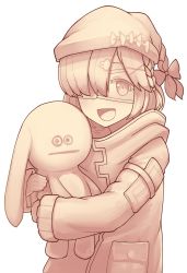 Rule 34 | 1girl, arknights, bow, braid, coat, eyebrows, eyepatch, hair bow, hair ornament, hair over one eye, hat, highres, holding, holding stuffed toy, jacy, long sleeves, looking at viewer, meme, one-hour drawing challenge, open mouth, popukar (arknights), single braid, sketch, sleeves past wrists, smile, solo, stuffed animal, stuffed toy, upper body, x hair ornament
