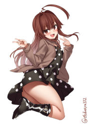 Rule 34 | 1girl, ass, black dress, black footwear, blush, boots, brown eyes, brown hair, cropped legs, double v, dress, ebifurya, fang, hair between eyes, highres, jacket, kantai collection, kuma (kancolle), long hair, looking at viewer, no panties, official alternate costume, one-hour drawing challenge, polka dot, polka dot dress, simple background, smile, solo, twitter username, v, white background