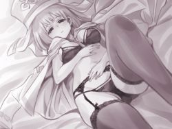 Rule 34 | 1girl, bra, garter straps, greyscale, habit, hand on own stomach, highres, ishiyumi, lingerie, looking at viewer, monochrome, navel, on bed, open clothes, original, panties, short hair, solo, stomach, thighhighs, underwear