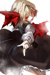 Rule 34 | 1girl, ascot, blonde hair, fangs, hair ribbon, kozou (soumuden), light particles, long sleeves, looking at viewer, open mouth, outstretched arms, red eyes, ribbon, rumia, shirt, skirt, skirt set, smile, solo, touhou, vest