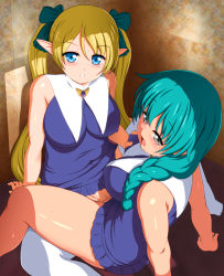 Rule 34 | 2girls, anime coloring, aqua hair, arm support, back, bare shoulders, black eyes, blonde hair, blush, bottomless, bow, braid, grabbing another&#039;s breast, breasts, brooch, capitan (tsyoujo), censored, clothed sex, covered erect nipples, covered navel, elf, grabbing, green bow, hair bow, hair over shoulder, highres, jewelry, leaning back, long hair, looking at viewer, looking back, medium breasts, mosaic censoring, multiple girls, open mouth, original, parted lips, pointy ears, pussy, pussy juice, saliva, shadow, single braid, sitting, spread legs, sweat, thighhighs, tribadism, twintails, yuri