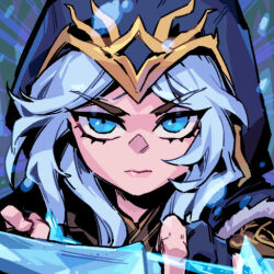 Rule 34 | 1girl, ashe (league of legends), blue eyes, blue hair, blue hoodie, bow (weapon), close-up, closed mouth, holding, holding bow (weapon), holding weapon, hood, hoodie, league of legends, light blue hair, long hair, looking at viewer, parted bangs, phantom ix row, portrait, serious, snow, solo, v-shaped eyebrows, weapon
