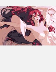Rule 34 | 1girl, arms up, artist name, bare shoulders, bed sheet, blood, bloody tears, breasts, chipmuck, cleavage, collarbone, dated, dress, closed eyes, facing viewer, forever 7th capital, hair between eyes, highres, long hair, lying, olucia (forever 7th capital), on back, on bed, outstretched arm, parted lips, red hair, shawl, smile, solo, strapless, strapless dress, tiara, tiara removed, upper body, very long hair