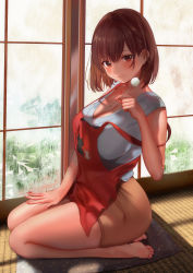 Rule 34 | 1girl, absurdres, apron, bare legs, barefoot, beckoning, blue shirt, breasts, brown eyes, brown hair, brown skirt, cleavage, collarbone, commentary request, fingernails, from side, full body, hand up, highres, holding, indoors, inushima, lap pillow invitation, large breasts, legs, long fingernails, looking at viewer, medium hair, mimikaki, miniskirt, nail polish, original, pink nails, red apron, seiza, shirt, shouji, sitting, skirt, sliding doors, smile, soles, solo, tatami, thighs, toes