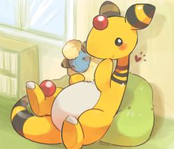 ampharos, artist name, black eyes, blush, bookshelf, character doll, closed mouth, commentary request, creatures (company), cushion, doll, game freak, gen 2 pokemon, hand up, heart, holding, holding doll, indoors, mareep, nintendo, pokemon, smile, tansho
