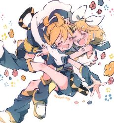 Rule 34 | ^ ^, ahoge, bare shoulders, belt, blonde hair, blush, bow, brother and sister, cheek-to-cheek, closed eyes, detached sleeves, glomp, hair bow, hair ornament, hairclip, happy, hazime, headphones, heads together, headset, hug, kagamine len, kagamine rin, leg warmers, neckerchief, number tattoo, open mouth, sailor collar, shirt, shoes, short ponytail, shorts, shoulder tattoo, siblings, sleeveless, sleeveless shirt, smile, sneakers, tattoo, twins, vocaloid, white bow, yellow neckerchief