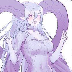 Rule 34 | + +, 1girl, blush, braid, breasts, choker, cleavage, collarbone, curled horns, double v, dress, duokhay, fangs, fate/grand order, fate/grand order arcade, fate (series), hair between eyes, highres, horns, large breasts, larva tiamat (fate), larva tiamat (third ascension) (fate), long hair, long horns, long sleeves, looking at viewer, open mouth, pink eyes, pointy ears, ribbed dress, sidelocks, silver hair, smile, solo, symbol-shaped pupils, tiamat (fate), v, very long hair, white dress, wide sleeves