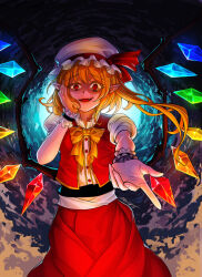 Rule 34 | 1girl, blonde hair, bow, bowtie, cowboy shot, crystal, dark background, fang, flandre scarlet, glowing, glowing wings, hand on own cheek, hand on own face, hat, hat ribbon, kuraiaku, looking at viewer, medium hair, mob cap, multicolored wings, one side up, open clothes, open mouth, open vest, outstretched arm, pointy ears, puffy short sleeves, puffy sleeves, red eyes, red ribbon, red skirt, red vest, ribbon, shirt, short sleeves, simple background, skirt, skirt set, solo, touhou, vest, white hat, white shirt, wings, wrist cuffs, yellow bow, yellow bowtie