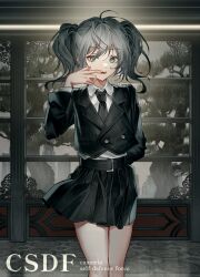 Rule 34 | 1girl, ahoge, arm behind back, belt, black belt, black jacket, black necktie, black skirt, buttons, collared shirt, cowboy shot, english text, finger in own mouth, grey eyes, grey hair, highres, indoors, jacket, long sleeves, looking at viewer, miniskirt, mira (345toron), mouth pull, necktie, original, pleated skirt, shirt, skirt, solo, standing, teeth, twintails, white shirt, window