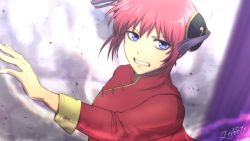 Rule 34 | 1girl, 2019, blue eyes, blurry, blurry background, china dress, chinese clothes, clenched teeth, double bun, dress, gintama, hair bun, kagura (gintama), long sleeves, red dress, red hair, short hair, signature, solo, teeth, upper body, zeroo7x