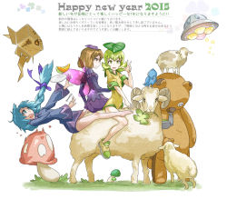 Rule 34 | 2015, 3girls, animal, animal request, barefoot, character request, dated, english text, eryi, eryi&#039;s action, fairy, fairy wings, falling, farta, graphite (medium), green eyes, green hair, happy new year, highres, leaf, multiple girls, mushroom, new year, open mouth, simple background, traditional media, translation request, ufo, white background, wings, yanagi yagiaji