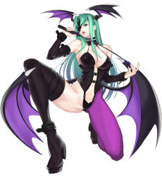 Rule 34 | 1girl, :d, aqua hair, ass, bare shoulders, blue eyes, boots, breasts, cleavage, detached sleeves, eyepatch, fang, head wings, high heels, highres, holding, holding riding crop, kneeling, long hair, looking at viewer, morrigan aensland, navel, open mouth, pantyhose, purple thighhighs, revealing clothes, riding crop, simple background, smile, solo, teeth, tetsu (kimuchi), thigh boots, thighhighs, tongue, tongue out, vampire (game), whip, white background, wings