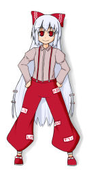 Rule 34 | 1girl, bad id, bad pixiv id, bow, female focus, fujiwara no mokou, full body, hair bow, hands on own hips, legs apart, long hair, long sleeves, multiple hair bows, puffy pants, red eyes, shoes, smile, solo, standing, suspenders, touhou, tsukune (artist), very long hair, white background, white hair
