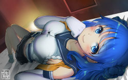 Rule 34 | 10s, 1girl, blue eyes, blue hair, blush, breasts, collarbone, double bun, elbow gloves, from above, gloves, kantai collection, knees together feet apart, large breasts, long hair, looking at viewer, looking up, lying, matching hair/eyes, midriff, mokyutan, navel, on back, on bed, pleated skirt, sailor collar, school uniform, serafuku, short sleeves, skirt, smile, socks, solo, untied, urakaze (kancolle), white gloves