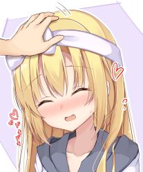 Rule 34 | 1girl, ^ ^, arihara nanami, blonde hair, blush, bow, closed eyes, collarbone, commentary, double-parted bangs, eyes visible through hair, full-face blush, hair between eyes, hair bow, hairband, happy, heart, highres, hood, hood down, hooded jacket, jacket, long hair, motion lines, open mouth, purple background, riddle joker, sidelocks, simple background, smile, solo focus, sound effects, straight hair, sweat, white background, white bow, white hairband, white jacket, yosh1na