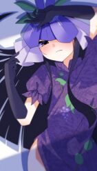 Rule 34 | 1girl, black eyes, black gloves, black hair, china dress, chinese clothes, commentary request, cowboy shot, dress, elbow gloves, expressionless, flower, flower on head, gloves, grape print, highres, long hair, looking at viewer, one eye covered, puffy short sleeves, puffy sleeves, purple dress, purple flower, shishidonagi, short sleeves, sidelocks, solo, touhou, unfinished dream of all living ghost, very long hair, vine print, yomotsu hisami