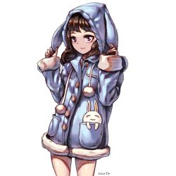 Rule 34 | 1girl, animal, animal hood, artist name, bara (totocos), blue coat, blush, blush stickers, brown hair, buttons, closed mouth, coat, cowboy shot, fur-trimmed coat, fur-trimmed sleeves, fur trim, hands on headwear, highres, hood, hooded coat, legs apart, long hair, looking at viewer, original, pocket, pom pom (clothes), purple eyes, rabbit, rabbit hood, simple background, sleeping, sleeves past wrists, smile, solo, white background