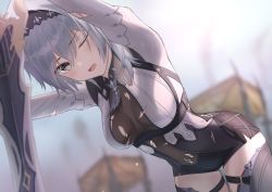 Rule 34 | 1girl, arms up, bent over, black leotard, black thighhighs, blue hair, blurry, breasts, cowboy shot, depth of field, eula (genshin impact), genshin impact, hair over shoulder, hairband, highres, holding, holding sword, holding weapon, juliet sleeves, leotard, long sleeves, looking at viewer, marinesnow, medium breasts, medium hair, one eye closed, open mouth, puffy sleeves, shirt, solo, standing, sword, thighhighs, thighs, torn clothes, torn leotard, weapon, white shirt, yellow eyes