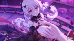 Rule 34 | 1boy, 1girl, black dress, captain (honkai impact), castle, chinese commentary, closed mouth, dress, earrings, flower, hetero, highres, holding hands, honkai (series), honkai impact 3rd, jewelry, light blush, logo, long hair, looking at viewer, official art, official wallpaper, outdoors, plant, pov, red flower, red rose, rose, smile, solo focus, theresa apocalypse, theresa apocalypse (luna kindred), theresa apocalypse (lunar vow: crimson love), twintails, upper body, white hair