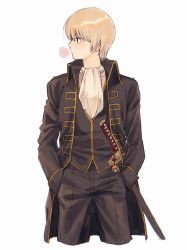 Rule 34 | 1boy, black coat, black pants, black vest, blonde hair, blowing bubbles, coat, cropped legs, da ning (llemonyyyy), gintama, hands in pockets, highres, kagura (gintama), long sleeves, looking to the side, male focus, okita sougo, open clothes, open coat, pants, sheath, sheathed, shinsengumi (gintama), short hair, simple background, solo, straight hair, sword, vest, weapon, white background