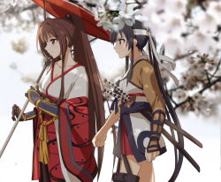Rule 34 | 10s, 2girls, alternate costume, bad id, bad pixiv id, black hair, blurry, breasts, brown eyes, brown hair, cherry blossoms, cleavage, clenched hand, collarbone, depth of field, elbow gloves, female focus, flower, from side, gloves, hachimaki, headband, highres, holding, holding umbrella, japanese clothes, kantai collection, katana, kisetsu, long hair, long sleeves, looking away, medium breasts, multiple girls, nature, oil-paper umbrella, outdoors, plant, ponytail, serious, sheath, sheathed, sidelocks, small breasts, smile, sword, umbrella, very long hair, walking, weapon, white background, wide sleeves, yahagi (kancolle), yamato (kancolle)