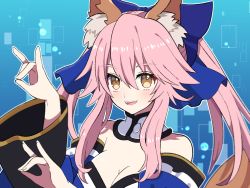 Rule 34 | 1girl, animal ear fluff, animal ears, bare shoulders, blue kimono, blue ribbon, blush, breasts, cleavage, detached sleeves, double fox shadow puppet, fate/extella, fate/extra, fate/extra ccc, fate/grand order, fate (series), fox ears, fox girl, fox shadow puppet, fox tail, hair ribbon, highres, japanese clothes, kimono, large breasts, looking at viewer, pink hair, ribbon, solo, tail, tamamo (fate), tamamo no mae (fate/extra), yellow eyes, yoriteruru