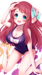 Rule 34 | 1girl, absurdres, arm up, bad id, bad pixiv id, barefoot, blue eyes, breasts, brown hair, cleavage, covered navel, from above, highres, large breasts, legs, long hair, looking up, minamoto sakura, ribbon, school swimsuit, smile, solo, soraryu saworu, swimsuit, thighs, zombie land saga