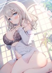 Rule 34 | bare legs, bare shoulders, black panties, blue eyes, blunt bangs, blush, bra, breasts, closed mouth, curly hair, hair between eyes, hair ornament, hairclip, hand on own chest, highres, indoors, kat (bu-kunn), large breasts, long hair, long sleeves, navel, off-shoulder, open clothes, open shirt, original, panties, partially unbuttoned, plant, seiza, shirt, sitting, skindentation, solo, strap slip, sunlight, thick thighs, thighs, underwear, white hair, white shirt, window