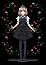 Rule 34 | 1girl, absurdres, black background, black bow, black dress, black hairband, black pantyhose, boots, bow, bowtie, commentary request, dress, endou shin, floral print, flower, frilled dress, frills, full body, gothic lolita, hair bow, hair ribbon, hairband, highres, light brown hair, lolita fashion, looking at viewer, original, pantyhose, pink hair, pink lips, puffy sleeves, purple eyes, ribbon, rose, short hair, short sleeves, solo, standing