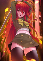 Rule 34 | 1girl, ahoge, alastor (shakugan no shana), arms up, black thighhighs, blurry, blurry background, bow, bowtie, brown sailor collar, brown shirt, brown skirt, commission, cowboy shot, fire, floating hair, hair between eyes, holding, holding sword, holding weapon, jewelry, katana, krs (karasu), long hair, long sleeves, midriff, miniskirt, misaki high school uniform, navel, necklace, open mouth, outdoors, panties, pantyshot, red hair, sailor collar, sailor shirt, school uniform, shakugan no shana, shana, shirt, skeb commission, skirt, solo, standing, stomach, sword, thighhighs, underwear, very long hair, weapon, white panties, yellow bow, yellow bowtie