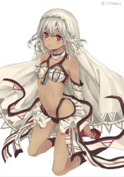 Rule 34 | 10s, 1girl, altera (fate), bandeau, bare shoulders, choker, dark skin, dark-skinned female, detached sleeves, fate/extella, fate/extra, fate/grand order, fate (series), heart, heart-shaped pupils, kneeling, looking at viewer, navel, red eyes, short hair, solo, stomach, symbol-shaped pupils, tattoo, ten-chan (eternal s), twitter username, veil, white hair