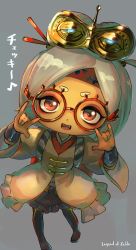 Rule 34 | 1girl, bad id, bad twitter id, blue background, boots, chinese clothes, copyright name, full body, glasses, goggles, grey hair, hair bun, hair ornament, highres, kashu (hizake), long sleeves, looking at viewer, \n/, nintendo, open mouth, parted bangs, petite, purah, red eyes, robe, round eyewear, simple background, single hair bun, skirt, solo, standing, teeth, the legend of zelda, the legend of zelda: breath of the wild, thigh boots, thighhighs, tongue, vambraces, wide sleeves