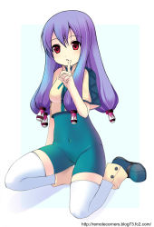 Rule 34 | 1girl, ankle boots, blush, boots, breasts, buttons, covered navel, crop top, finger to mouth, full body, hair ornament, highres, index finger raised, kneeling, long hair, looking at viewer, pangya, parted lips, purple hair, quad tails, red eyes, shadow, short sleeves, simple background, small breasts, solo, thighhighs, tiki (pangya), turtleneck, unitard, watermark, web address, white thighhighs, zettai ryouiki