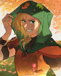 Rule 34 | 1girl, amphibia, armor, autumn leaves, black shirt, blonde hair, blurry, blurry background, clenched teeth, falling leaves, grass, green eyes, green hood, highres, hood, hood up, jocy3, leaf, leaf on head, looking at viewer, mole, mole under eye, outdoors, red armor, sasha waybright, scale armor, shirt, short sleeves, smile, teeth, turtleneck, upper body, wood