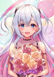 Rule 34 | 1girl, absurdres, avatar 2.0 project, blush, breasts, commentary request, equal (heartstrings), flower, highres, long hair, looking at viewer, musubime yui, open mouth, rose, smile, solo, virtual youtuber