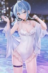 Rule 34 | 1girl, blue eyes, blue hair, breasts, choker, cleavage, frilled one-piece swimsuit, frilled swimsuit, frills, highres, hololive, hoshimachi suisei, looking at viewer, navel, night, one-piece swimsuit, sanada keisui, skin tight, skindentation, small breasts, smile, solo, swimsuit, thigh strap, thighs, virtual youtuber, water, white one-piece swimsuit