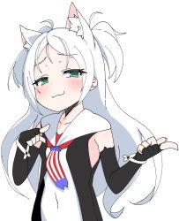 Rule 34 | 1girl, ahoge, american flag, american flag print, animal ear fluff, animal ears, azur lane, black dress, black gloves, blush, cat ears, closed mouth, collarbone, commentary request, covered navel, dress, elbow gloves, fingerless gloves, flag print, gloves, green eyes, hands up, highres, kirisame mia, long hair, sims (azur lane), sleeveless, sleeveless dress, smile, solo, two side up, upper body, very long hair, white hair
