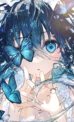 Rule 34 | 1girl, blue eyes, blue hair, breasts, bug, butterfly, choker, cleavage, hair between eyes, highres, insect, liquid hair, long hair, looking at viewer, mimoza (96mimo414), open mouth, original, small breasts, solo, upper body, white choker