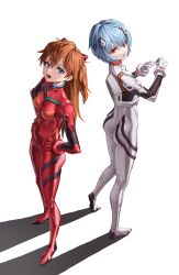 Rule 34 | 2girls, absurdres, ass, ayanami rei, blue hair, bodysuit, breasts, brown hair, curvy, expressionless, full body, hair between eyes, hair ornament, hands on own hips, hanho, highres, huge ass, long hair, looking at viewer, looking back, looking up, multiple girls, neon genesis evangelion, open mouth, pilot suit, plugsuit, red bodysuit, red eyes, shiny clothes, short hair, simple background, skin tight, skindentation, solo, souryuu asuka langley, squatting, standing, two side up, white bodysuit, wide hips