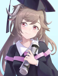 Rule 34 | 1girl, absurdres, animal ears, arknights, black hat, blue background, brown hair, commentary request, eyjafjalla (arknights), hat, head tilt, highres, holding, horns, ling huanxiang, long hair, long sleeves, looking at viewer, mortarboard, partial commentary, pink eyes, sheep ears, sheep horns, simple background, smile, solo, upper body