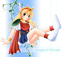 Rule 34 | 1990s (style), 1girl, akazukin chacha, belt, blonde hair, blue dress, blush, bracelet, brooch, brown eyes, cape, collar, dress, gradient background, jewelry, long hair, magical princess, red cape, retro artstyle, short dress, short sleeves, simple background, tagme, white footwear, winged hair ornament