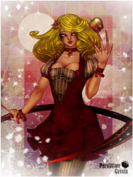 Rule 34 | 1girl, alternate costume, apple, bad deviantart id, bad id, blonde hair, breasts, checkered background, choker, cleavage, curly hair, dizmathik, dress, elly (touhou), female focus, food, fruit, hair ornament, jitome, large breasts, long fingers, no headwear, pantyhose, red dress, red skirt, ribbon, scythe, short dress, short sleeves, skirt, solo, sparkle, striped clothes, striped pantyhose, touhou, touhou (pc-98), yellow eyes