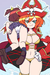 Rule 34 | &gt;:), 10s, 2girls, absurdres, aqua eyes, ass, breasts, carrying over shoulder, cleavage, coat, corset, dungbeetle (artist), hair between eyes, hat, highres, lalaco godspeed, large breasts, life fiber, luluco, mother and daughter, multiple girls, navel, orange hair, panties, pantyshot, pirate, pirate hat, revealing clothes, short hair, skirt, smile, uchuu patrol luluco, underwear, v-shaped eyebrows, white panties