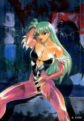 Rule 34 | 1girl, animal print, arm up, arms up, bare shoulders, bat print, breasts, breasts apart, bridal gauntlets, capcom, character name, clothing cutout, copyright name, graffiti, green hair, hand on own head, heart, heart cutout, highleg, highleg leotard, inoue takuya, large breasts, legs, leotard, lipstick, long hair, long legs, looking at viewer, makeup, morrigan aensland, narrow waist, no wings, pantyhose, patterned legwear, print pantyhose, purple pantyhose, red eyes, red lips, shadow, shiny clothes, sideboob, sitting, solo, spread legs, thighs, traditional media, vampire (game)