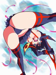 Rule 34 | 1girl, absurdres, aetherion, arms up, ass, ass focus, black hair, black panties, blue sky, boots, breasts, day, from below, high heels, highres, kill la kill, matoi ryuuko, medium breasts, microskirt, multicolored hair, navel, open mouth, panties, pleated skirt, red hair, revealing clothes, scissor blade (kill la kill), screaming, senketsu, short hair, skirt, sky, small breasts, solo, sparkle, suspenders, thigh boots, thighhighs, thighs, two-tone hair, underboob, underwear, weapon