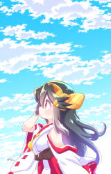 Rule 34 | 1girl, black hair, blush, breasts, cloud, day, detached sleeves, from side, hair between eyes, haruna (kancolle), headgear, japanese clothes, kantai collection, long hair, looking at viewer, medium breasts, nontraditional miko, outdoors, profile, red eyes, ribbon-trimmed sleeves, ribbon trim, sky, smile, solo, tsukko (3ki2ne10), very long hair, wide sleeves
