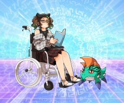 Rule 34 | 1girl, 1other, betamon, betamon x-antibody, book, digimon, digimon (creature), highres, looking at another, red eyes, sharp teeth, skirt, tail, teeth, wheelchair
