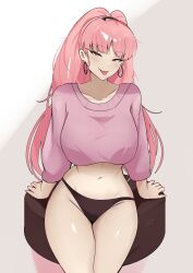 Rule 34 | 1girl, black panties, breasts, cameltoe, collarbone, cropped sweater, earrings, fire emblem, fire emblem: three houses, highres, hilda valentine goneril, hoop earrings, jewelry, large breasts, navel, nintendo, panties, pink eyes, pink hair, pink sweater, ponytail, simple background, sitting, solo, sweater, underwear, white background, zet (twt zet)