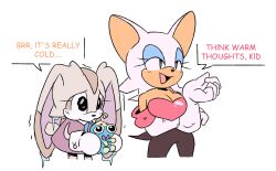 Rule 34 | 2girls, animal ears, animal nose, bat ears, bat girl, breasts, chao (sonic), cheese (sonic), child, cleavage, cold, commentary, creature, cropped legs, dress, elbow gloves, english commentary, english text, furry, furry female, gloves, green eyes, highres, holding, holding creature, ice, large breasts, multiple girls, no wings, open mouth, rabbit ears, rabbit girl, rabbit tail, rouge the bat, simple background, smile, sonic (series), sonic chronicles: the dark brotherhood, speech bubble, standing, stellarspin, tail, trembling, white background, white gloves